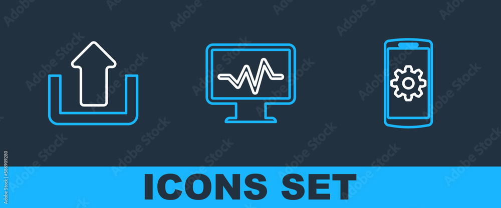 Poster set line setting on smartphone, upload and monitor with cardiogram icon. vector