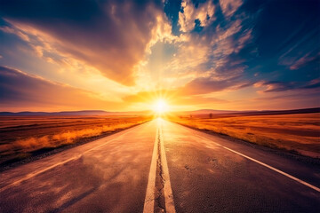 A new Beginning Into a Sunny Future. Driving on Asphalt road Towards the Setting Sun. AI