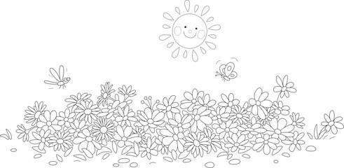 Happy sun shining over garden flowers on a pretty flowerbed with a fluttering butterfly and a dragonfly on a warm summer day, black and white outline vector cartoon illustration for a coloring book