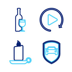 Fototapeta premium Set line Car protection or insurance, Burning candle candlestick, Video play button and Wine bottle with glass icon. Vector