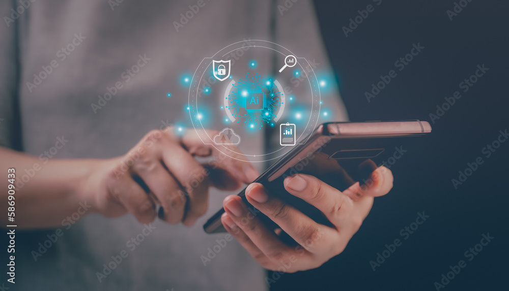 Aufkleber businessman using smart devices for digital technology connection and marketing,, links to artificia