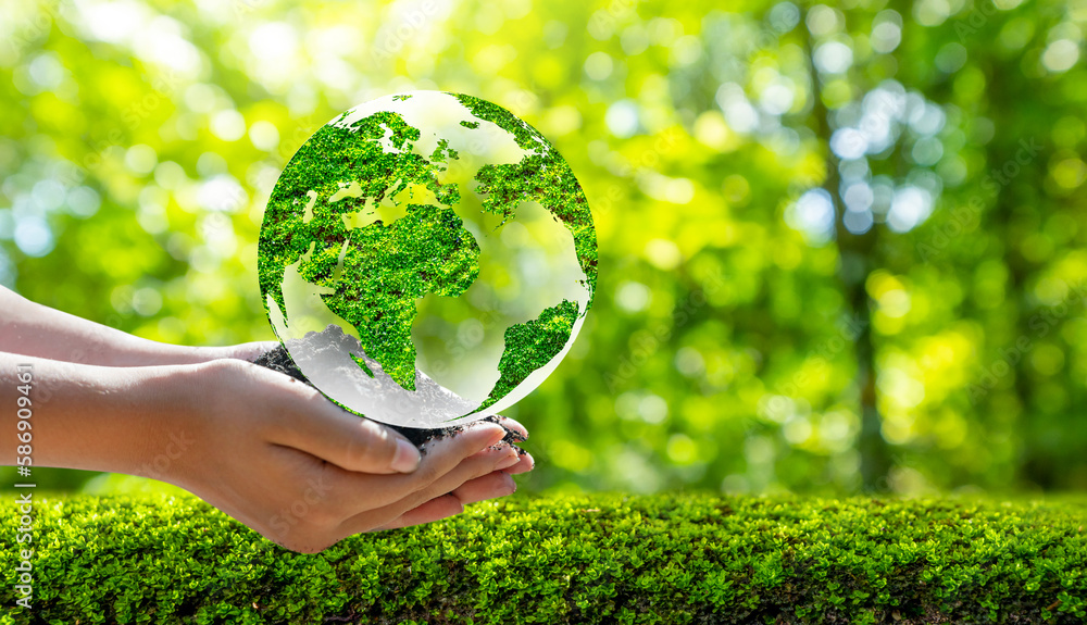 Wall mural concept save the world save environment the world is in the grass of the green bokeh background