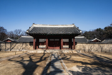 Fototapeta na wymiar Jongmyo Shrine and Hall of Eternal Peace during winter afternoon at Jongno , Seoul South Korea : 3 February 2023
