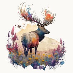 A majestic elk stands proudly amidst a field of watercolor wildflowers Generative Ai