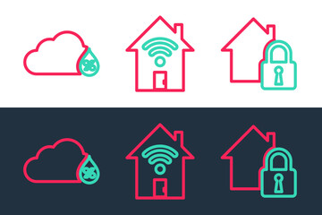 Set line House under protection, Humidity and Smart home with wi-fi icon. Vector