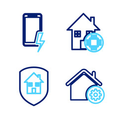 Set line Smart home settings, House, and Mobile charging battery icon. Vector