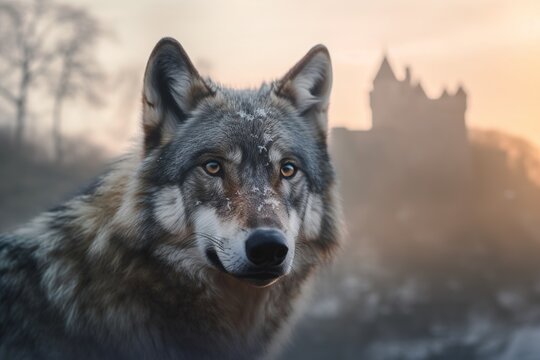 Portrait of a Grey Wolf with a old castle ruins in the background.
