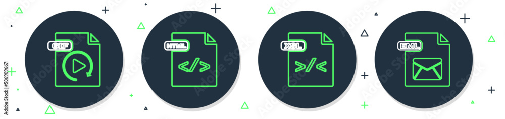 Poster set line html file document, xsl, gif and eml icon. vector