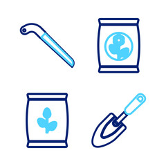 Set line Garden trowel spade or shovel, Sickle, Fertilizer bag and icon. Vector