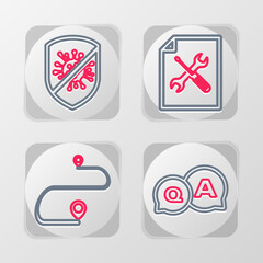 Set line Question and Answer, Route location, File document service and Stop virus, bacteria icon. Vector