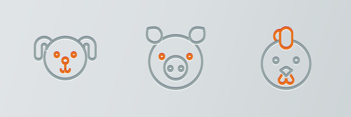 Set line Rooster zodiac, Dog and Pig icon. Vector