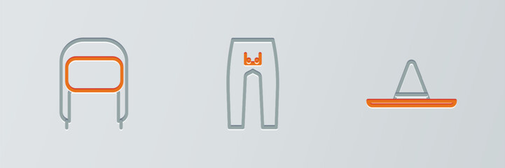 Set line Gardener worker hat, Winter with ear flaps and Pants icon. Vector