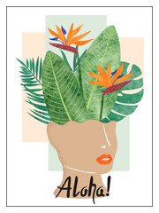 Abstract woman face with tropical leaves and flowers. Vector tropic illustration. Aloha print
