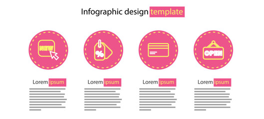 Set line Credit card, Hanging sign with Open, Discount percent tag and Button text New icon. Vector