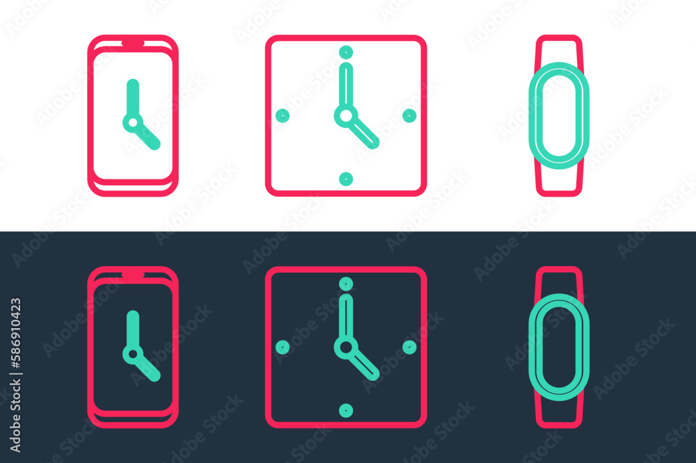 Poster set line smartwatch, alarm clock app mobile and clock icon. vector