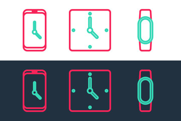 Set line Smartwatch, Alarm clock app mobile and Clock icon. Vector