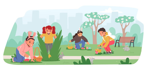 Obraz na płótnie Canvas Children Characters Excitedly Search For Hidden Eggs In A Park With Lush Greenery, Enjoying A Festive Playful Activity