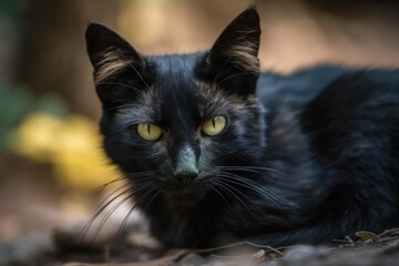 Black stray cat with emerald eyes that is alone. Generative AI