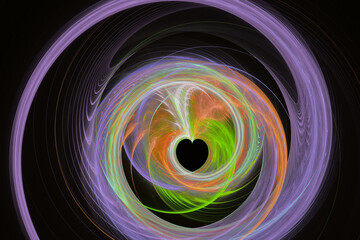Purple multicolored pattern of crooked waves with a small heart on a black background. Abstract fractal 3D rendering