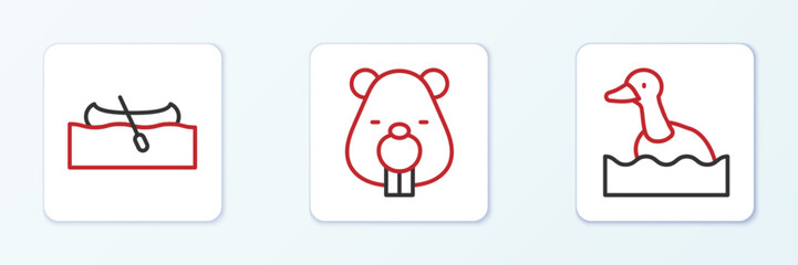 Set line Flying duck, Kayak or canoe and Beaver animal icon. Vector