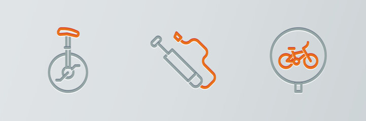 Set line Bicycle, Unicycle or one wheel bicycle and air pump icon. Vector © vector_v