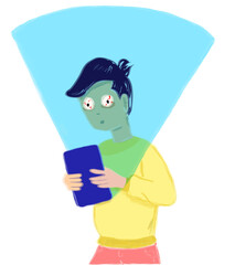 Chico mirando con los ojos rojos una tablet, Problema de salud mental adolescente con la tecnología, Joven cansado usando internet, redes sociales. Imagen Sin Fondo.