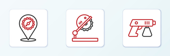 Set line Paint spray gun, Circular saw blade and Table for woodwork icon. Vector