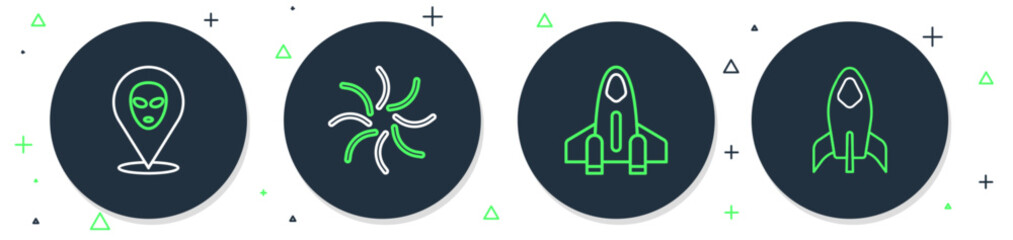 Set line Black hole, Rocket ship, Alien and icon. Vector