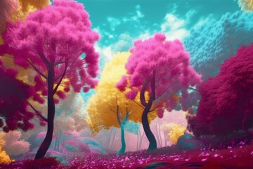 Cotton pink forest. Abstract travel tale. Generate Ai