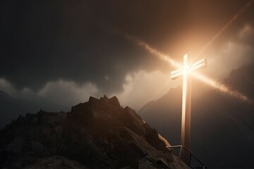 Naklejka na ściany i meble Mountain cross in sunlight reflection. Holy sky. Generate Ai