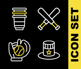 Set line Crossed baseball bat, Patriotic American top hat, Baseball glove with and Paper glass icon. Vector