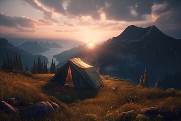 Image of a beautiful mountain landscape with a camp with a tent at sunset in a mountain valley. Generated ai.