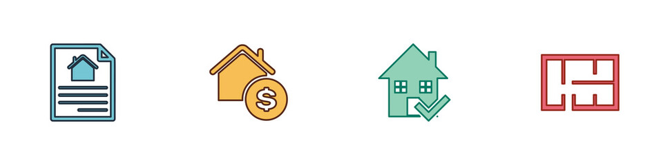 Set House contract, with dollar, check mark and plan icon. Vector