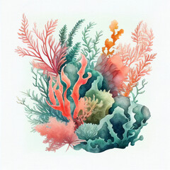 Fototapeta na wymiar Generative AI watercolor hand drawn illustrative drawing of an ocean coral reef, plant, weed and fish.