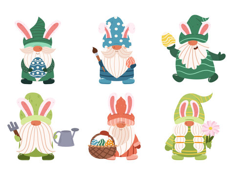 Set Of Cute Easter Gnomes With Rabbit Ears and Eggs in Pastel Colors And Intricate Designs. Cartoon Dwarfs