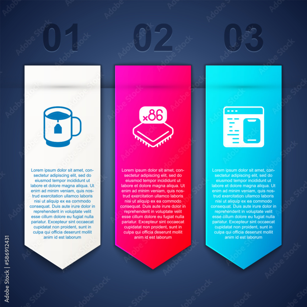 Poster set cup of tea with tea bag, processor microcircuits cpu and software. business infographic template