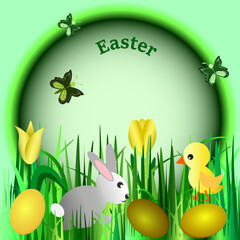 Easter composition. Grass, yellow tulips, Easter eggs, rabbit and a chicken.