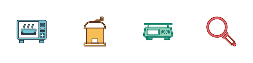 Set Microwave oven, Manual coffee grinder, Electronic scales and Frying pan icon. Vector