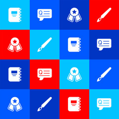 Set Notebook, Speech bubbles with Question, Medal star and Paint brush icon. Vector