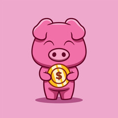 Cute Pig Character Holding Coins Vector Cartoon Illustration