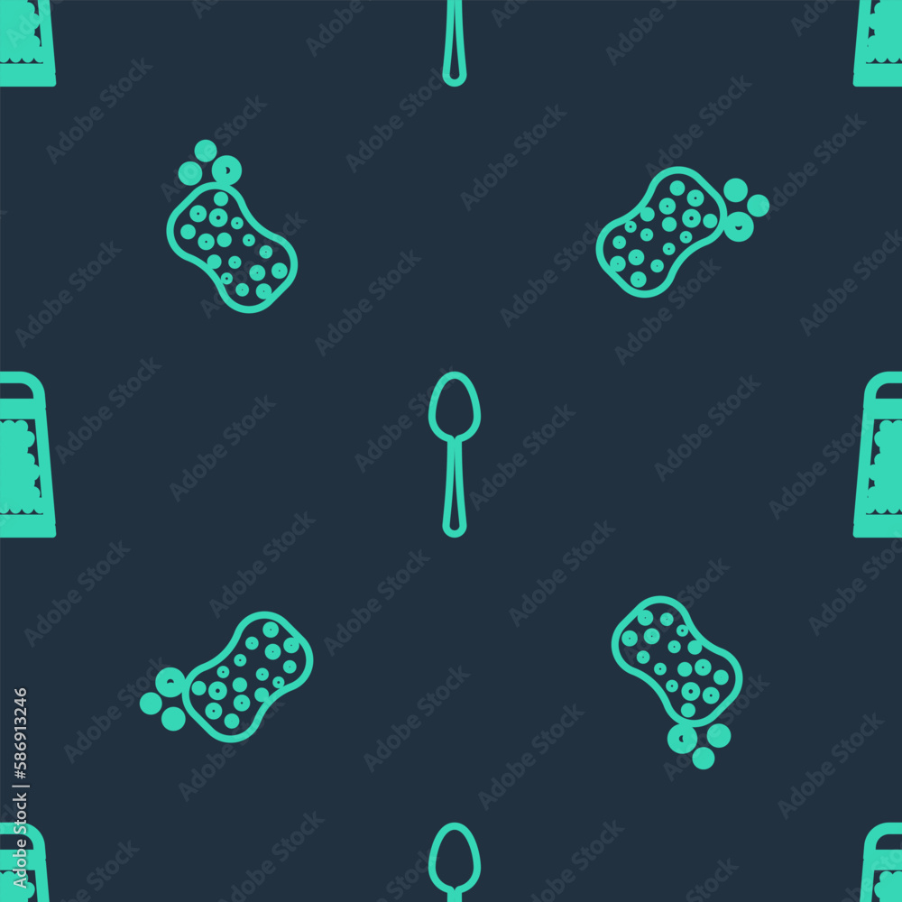 Poster set line spoon, sponge with bubbles and grater on seamless pattern. vector