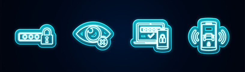 Set line Password protection, Invisible hide, Two steps authentication and Smart car alarm system. Glowing neon icon. Vector