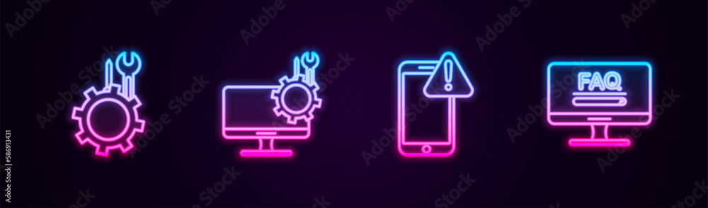 Poster set line wrench and screwdriver in gear, computer monitor service, mobile with exclamation mark and 