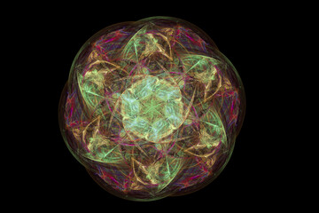 Green multi-colored floral pattern of crooked waves on a black background. Abstract fractal 3D rendering