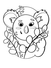 contour line illustration cartoon childish style cute animal koala with eucalyptus leaves cover postcard or educational card design element