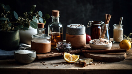 A rustic arrangement of homemade natural beauty products featuring sustainable, organic ingredients and earthy tones, Created with generative Ai Technology.