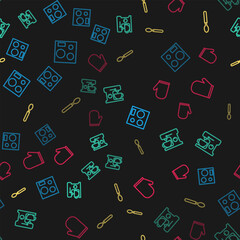 Set line Electric stove, mixer, Spoon and Oven glove on seamless pattern. Vector