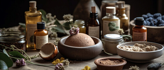 A rustic arrangement of homemade natural beauty products featuring sustainable, organic ingredients and earthy tones, Created with generative Ai Technology. - obrazy, fototapety, plakaty