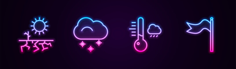 Set line Drought, Cloud with snow, Meteorology thermometer and windsock wind vane. Glowing neon icon. Vector
