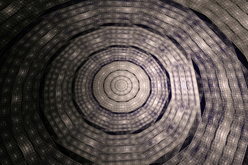 Gray round pattern of crooked waves on a black background. Abstract fractal 3D rendering